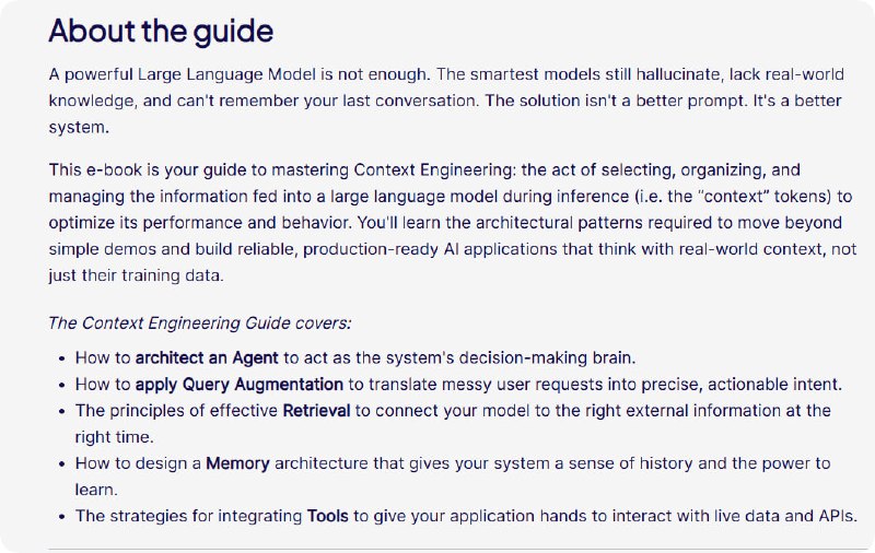 #电子书 《The Context Engineering Guide》Context Engineering（上下文工程）远非简单往提示词里堆数据，而是设计智能系统，在恰当时间、用合适格式，动态提供精准信息