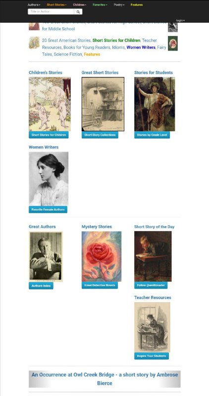 美国文学馆（American Literature）是一个分享美国文学作品的在线 #图书馆 ，该馆拥有数以千计的免费短篇小说和经典文学作品，除了包括美国文学的经典巨作，网站还拥有庞大的短篇小说库，并且汇集了世界各地的特色伟大作家