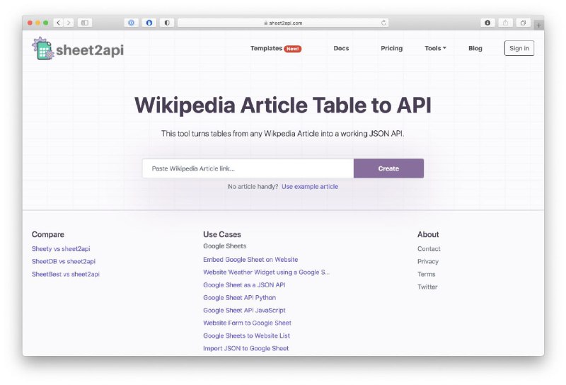 sheet2api 一款比较实用的 #工具 ，可将 Wikipedia 上的文章、Google 表格、Excel 等数据内容快速转换为可调用的 API 接口