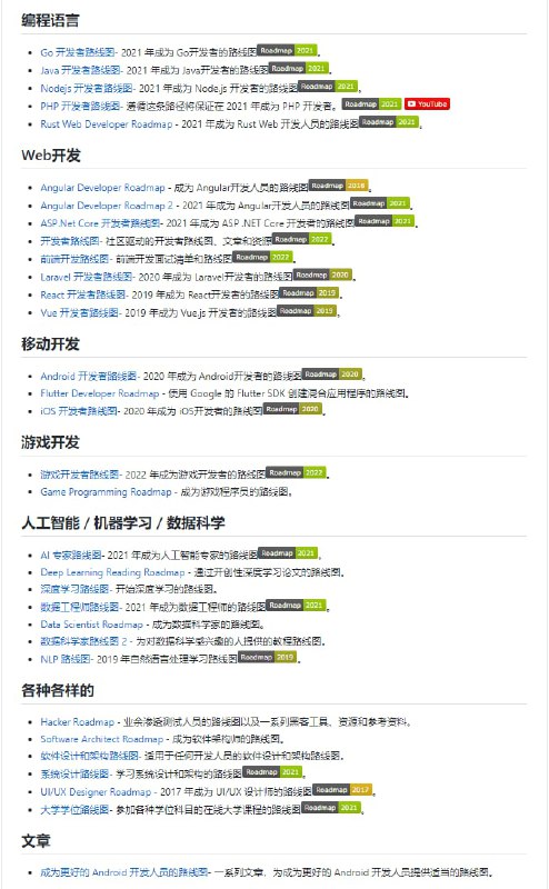 路线图大列表，主要是关于软件开发的，包括AI/机器学习/数据科学主题Github | #路线图