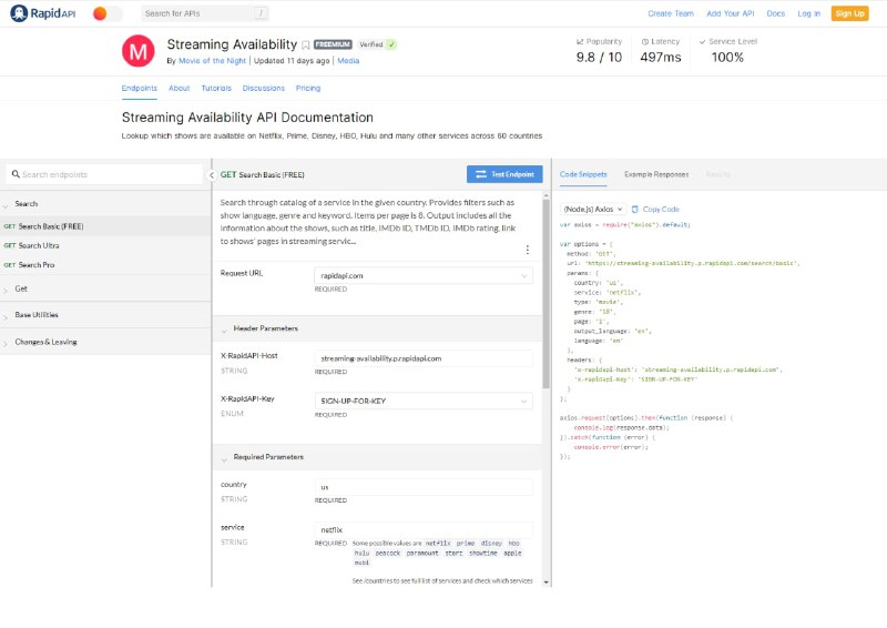Streaming Availability API  能够查看59个国家/地区的20种服务上可用的节目的 #API ， 包括 Netflix、Amazon Prime Video、Disney+、HBO Max 和 Hulu