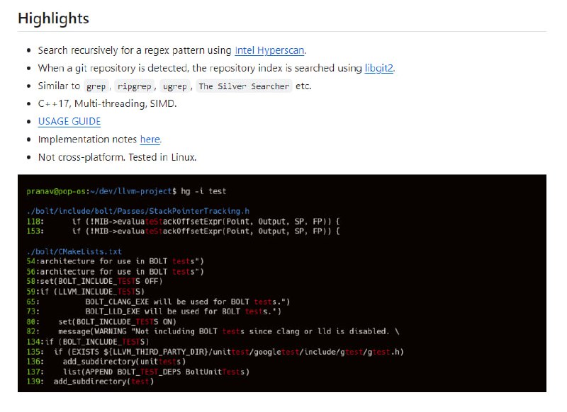 基于Intel Hyperscan的递归目录正则表达式搜索工具，支持git仓库索引搜索和多线程、SIMD加速，适用于Linux环境，提供高效的文件系统模式匹配能力Hypergrep | #工具 #正则表达式