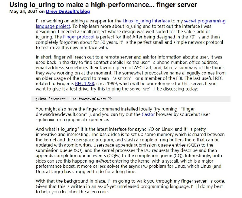 使用io_uring制作高性能的finger服务器