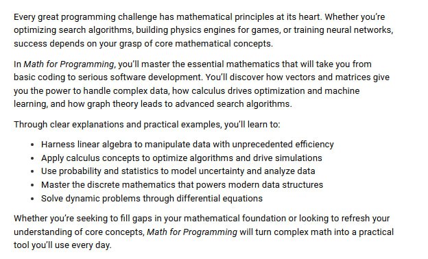 新书《Math for Programming》揭示了编程背后的数学核心，强调掌握数学是提升代码质量和解决复杂问题的关键