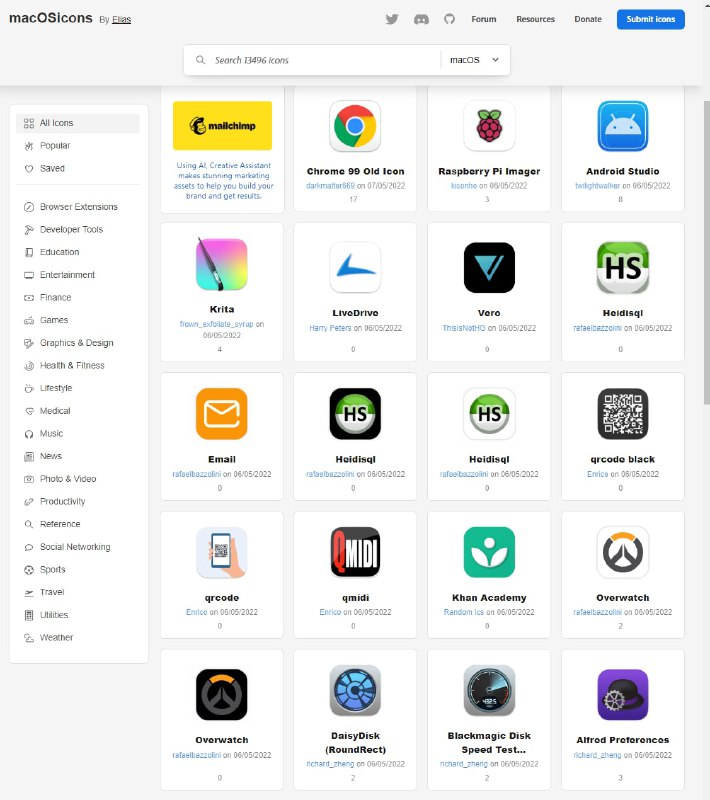 macosicons 一个社区驱动的macOS #图标 分享站点，可以替换掉没有适配 Big Sur+ 图标风格的 app 图标，统一视觉效果