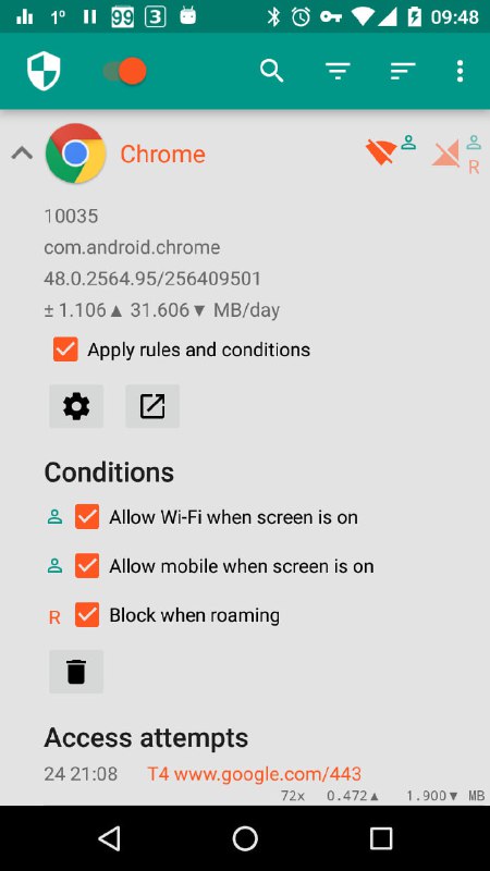 NetGuard，一个开源的无root权限Android防火墙应用可以让用户控制各个应用对Wi-Fi和移动数据的访问权限