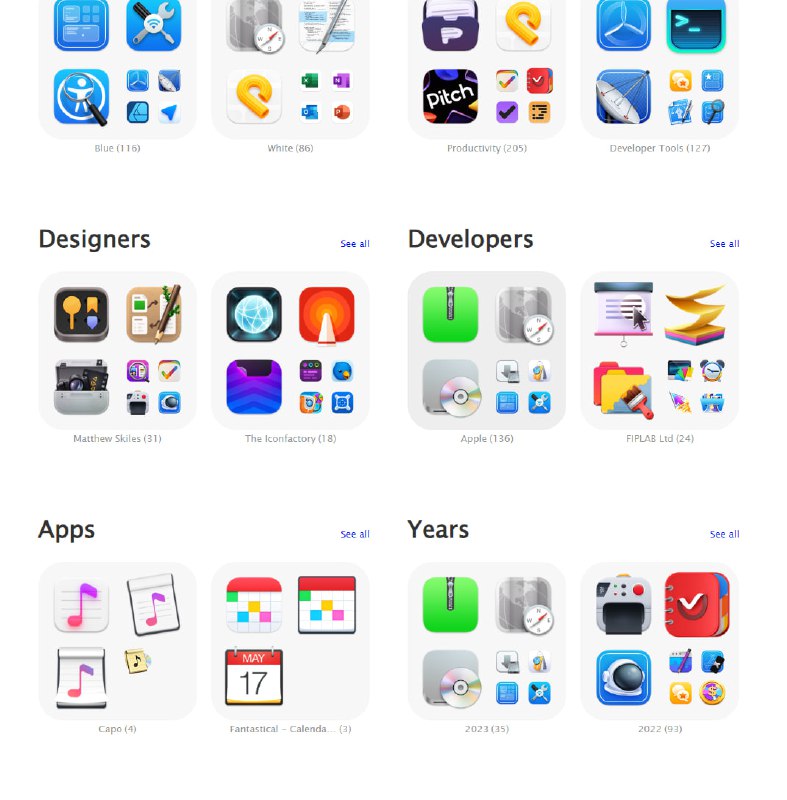macOS 应用图标收集专门收集 macOS 应用的图标，目前有 869 个，支持从颜色、设计师、开发商、年份等角度筛选，图标最高分辨率 512px