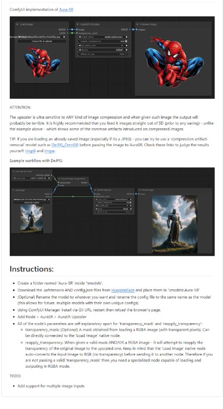 基于Aura-SR的图像超分辨率增强工具，提供ComfyUI界面实现，优化图像质量，适合专业图像处理需求AuraSR-ComfyUI | #工具