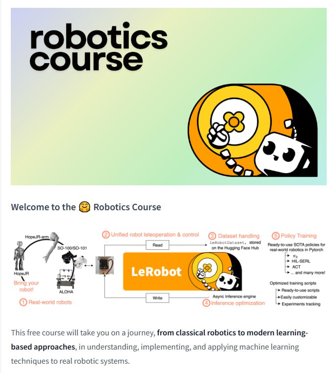 「Robotics Course」免费机器人学习课程这个课程从经典机器人学到现代基于学习的方法，全方位讲解如何理解、实现并应用机器学习技术于真实机器人系统
