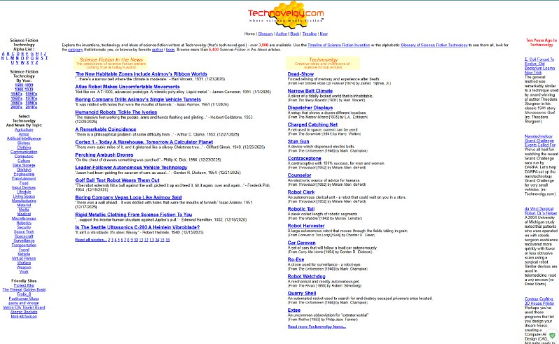 Technovelgy，一个考据网站 记录了超过2000个科幻创意和发明创造以及超过4300种科幻作品系列的基本资料，将不同类型科幻概念的作品按字母和时间分类汇总，也就是说大家可以用它来查询某一个科幻概念最早出现在什么作品里，有些还挺让人意外的