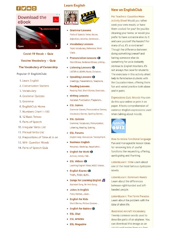 一个英语学习网站，内容有语法，词汇，发音，听力，口语等Englishclub | #英语 #教育