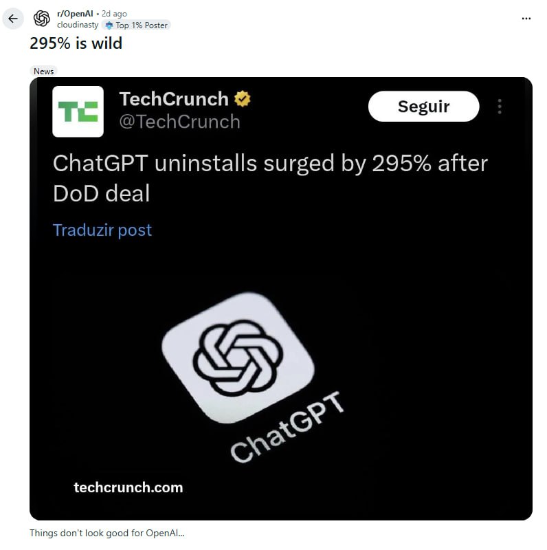 你以为OpenAI正经历用户雪崩，其实你只是被一个百分号骗了 | 帖子一条“ChatGPT卸载量激增295%”的新闻引爆了科技圈，似乎预示着OpenAI因与军方合作而遭遇灭顶之灾