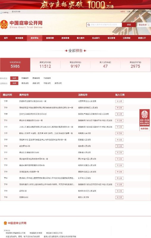 中国庭审公开网这个网站上已经有超过1000万场庭审直播，还有庭审预告、直播回顾、庭审录播、重大案件、热点排行、普法教育、法院导航、数据公开……法庭上的人性比影视里的更能突显中国庭审公开网这个网站上已经有超过1000万场庭审直播，还有庭审预告、直播回顾、庭审录播、重大案件、热点排行、普法教育、法院导航、数据公开……法庭上的人性比影视里的更能突显