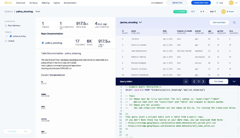 bit.io  一個單一的、巨大的、安全的 Postgres 公共和私人的 #数据库 ，在几秒內添加数据，可查詢所有数据，一键分享
