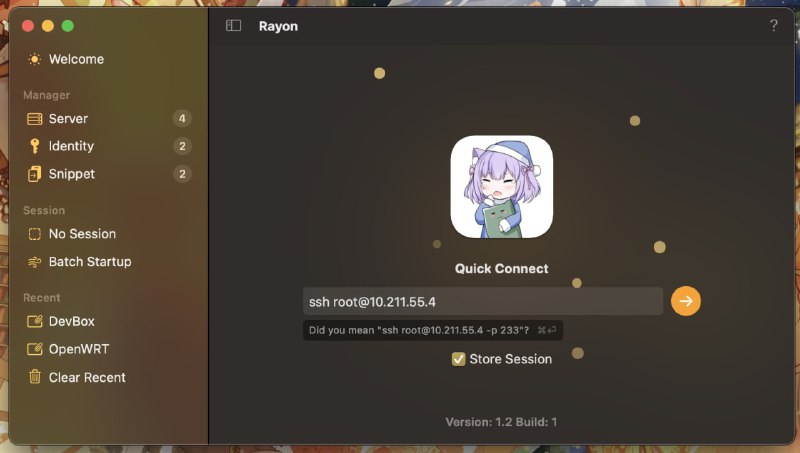 Rayon 一个新开发的macOS上的SSH客户端特征免费和开源支持 libssh2 的主机连接Linux proc 文件系统状态信息使用密码、密钥等进行身份验证...支持 xterm 的终端批处理执行的代码片段