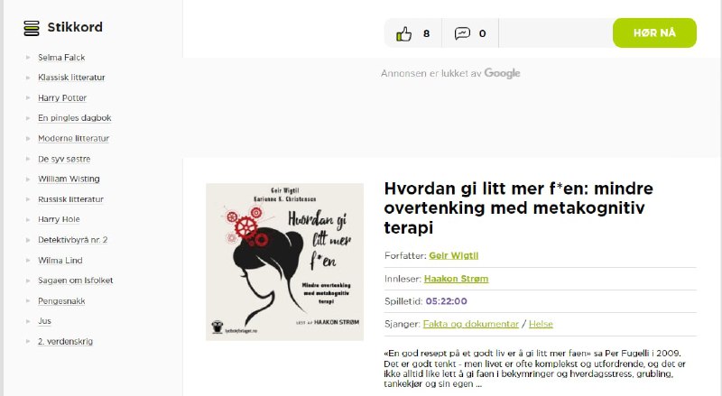 一个挪威的在线有声书网站内容有挪威语的各种有声书，其中幻想类包括纳尼亚传奇、魔戒系列、哈利波特系列和挪威著名作家Jorn Lier Horst 的作品，科幻小说不多，有1984、阿西莫夫作品、地铁系列等传送门 |  #有声书  #电子书一个挪威的在线有声书网站内容有挪威语的各种有声书，其中幻想类包括纳尼亚传奇、魔戒系列、哈利波特系列和挪威著名作家Jorn Lier Horst 的作品，科幻小说不多，有1984、阿西莫夫作品、地铁系列等传送门 |  #有声书  #电子书