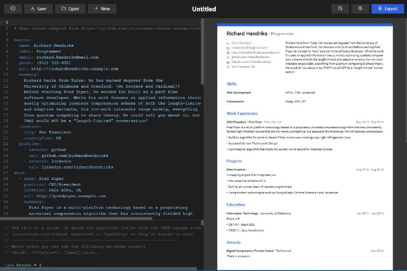 一款基于 Web 的免费简历编辑器，基于编写 YAML，具有实时预览和 PDF 导出功能