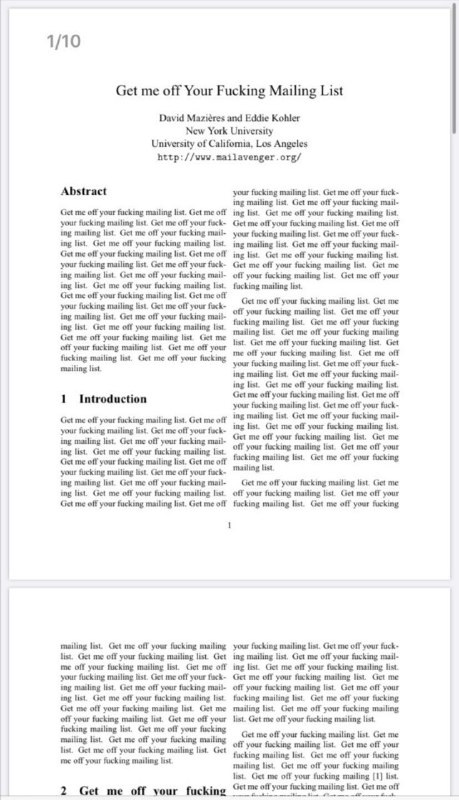 麻省理工大学教授埃迪·科勒，发表的一篇名为 Get me off Your Fucking Mailing List（ 《 把我从你特么的收件人名单里删掉 》 ）的论文，被一家叫 International Journal of Advanced Computer Technology（ IJACT《 国际高级计算机技术杂志 》 ）的学术性杂志给正儿八经的收录并刊登了