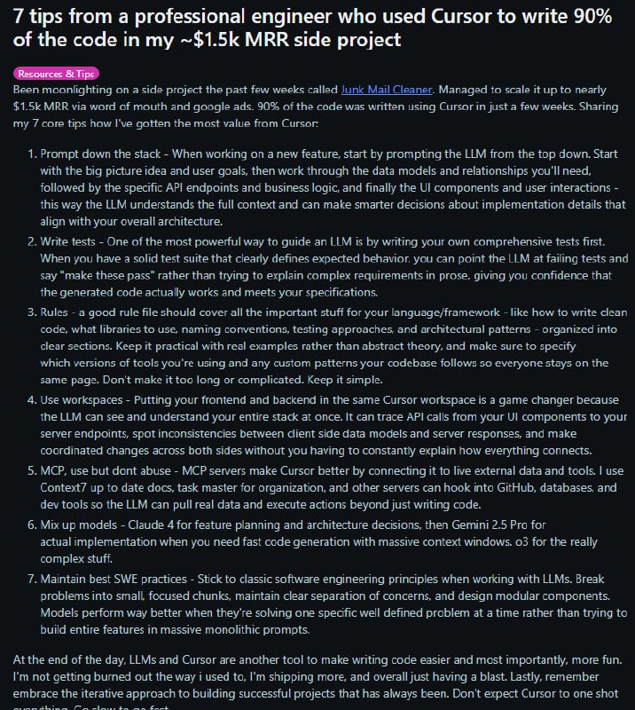 一位专业工程师分享了其使用 Cursor AI 编码工具在几周内完成其副业项目90%代码的7条核心技巧 | 原文地址1.  自顶向下提示 (Prompt down the stack)