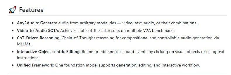 多模态音频生成与编辑的统一框架，用“思考链”推理驱动音频创作从视频、文本、音频等任意模态生成或编辑音频；实现视频到音频的顶尖性能；交互式目标音频编辑，支持点击视觉对象或使用文本指令细化声音ThinkSound | #框架多模态音频生成与编辑的统一框架，用“思考链”推理驱动音频创作从视频、文本、音频等任意模态生成或编辑音频；实现视频到音频的顶尖性能；交互式目标音频编辑，支持点击视觉对象或使用文本指令细化声音ThinkSound | #框架