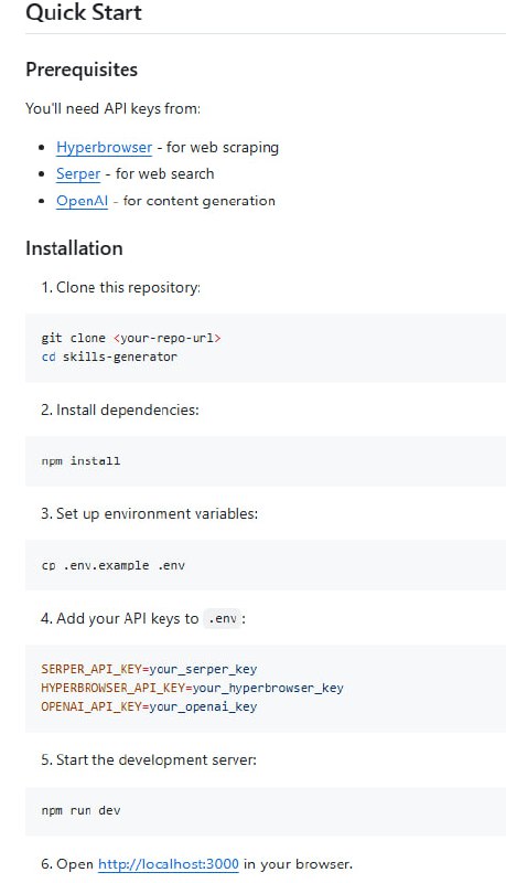 在线自动生成 SKILL.md 技能文档，助力AI编码助手高效成长！开源项目 HyperSkill基于 Next.js 搭建，结合 Hyperbrowser SDK、Serper API 和 OpenAI GPT-4o，能够帮助开发者输入一个主题或 URL，自动搜索、爬取网页内容，并智能生成结构化的 SKILL.md 技能文件