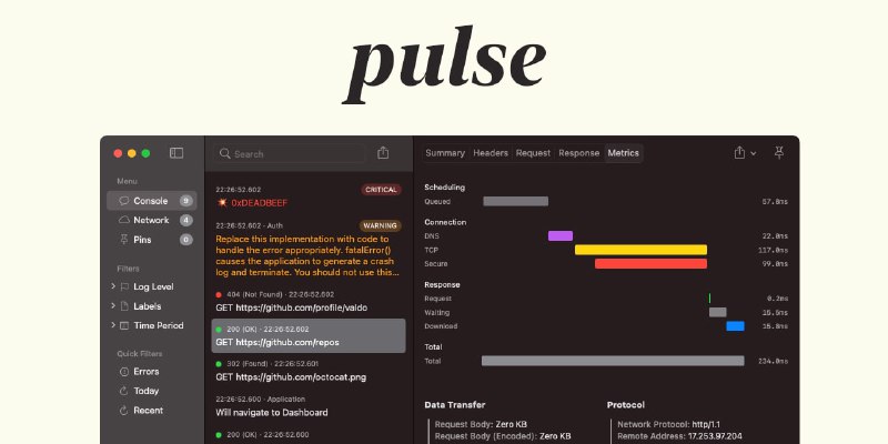 Pulse是用SwiftUI搭建的一个开源网络请求数据监测框架，界面类似于Charles/Postman，但它本身不是一个应用程序，不拦截网络流量，只是一个开发框架或者类库，能方便的集成到你的应用程序中，让你可以用它查看网络请求的日志