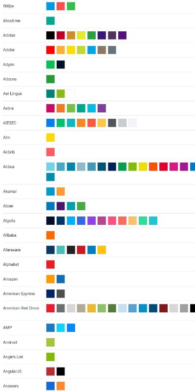 BrandColors，这个网站收集了上千种世界知名品牌的 #配色 方案，可按照字母表顺序查找