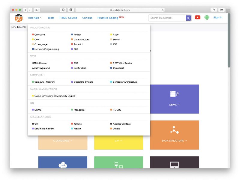 Studytonight 该网站提供了许多可免费学习的 #计算机科学 课程(偏入门)，包含 Java、Python、C++ 等 #编程 语言，Web 开发、计算机网络、操作系统、游戏开发、数据库操作、Git 使用等系列教程