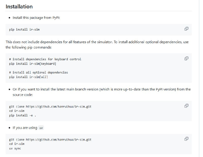 Intelligent Robot Simulator (IR-SIM) 是一款基于 Python 的轻量级机器人仿真器，专注于导航、控制和强化学习的快速验证
