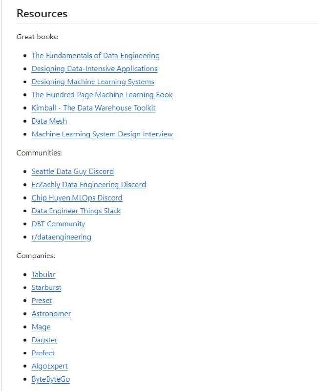 数据工程手册，汇总了成为数据工程师需要学习的各种学习资源，包括书籍、网络社区、开源项目、优秀视频教程、频道、播客等，为数据工程师提供一个全面和系统的学习路径
