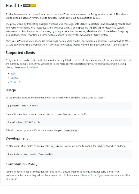 Postlite 是一个网络代理，允许通过 Postgres wire 协议访问远程 SQLite 数据库
