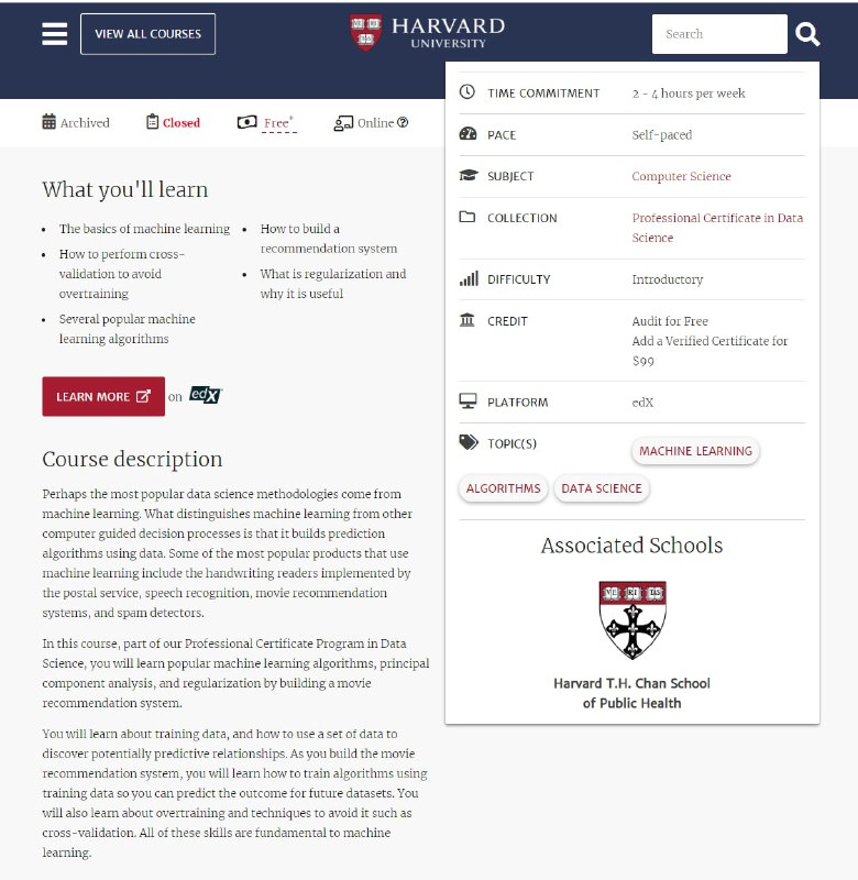 哈佛大学免费机器学习课程，包含四个主题