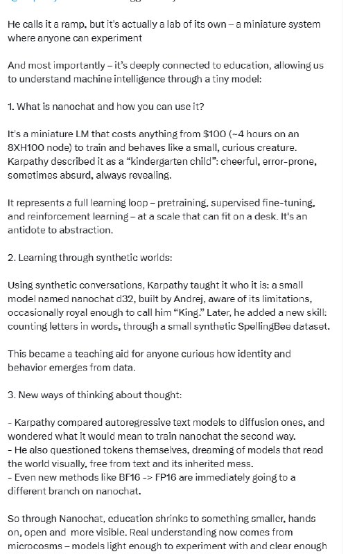 Karpathy 推出的 nanochat，不只是一个简单的“入门台阶”，它实质上是一个迷你实验室——一个可供任何人亲手尝试的小型语言模型系统