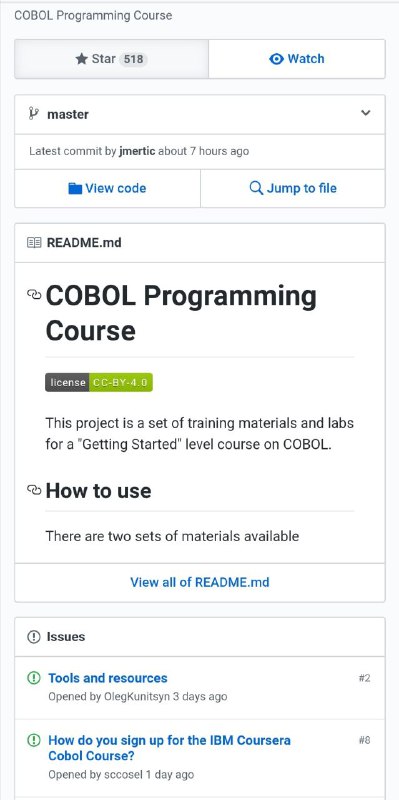 COBOL Programming CourseIBM 和 Open Mainframe Project 一起搞的 COBOL 课程，今天上 GitHub 热榜了COBOL Programming CourseIBM 和 Open Mainframe Project 一起搞的 COBOL 课程，今天上 GitHub 热榜了