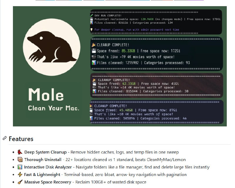 Mole 是一个轻量级终端工具，能快速帮你释放上百GB空间，功能强大且零冗余