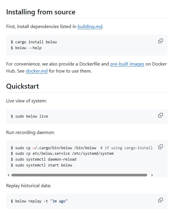 现代Linux系统的资源监控工具往往功能复杂且难以上手，而below提供了一款简洁高效的解决方案