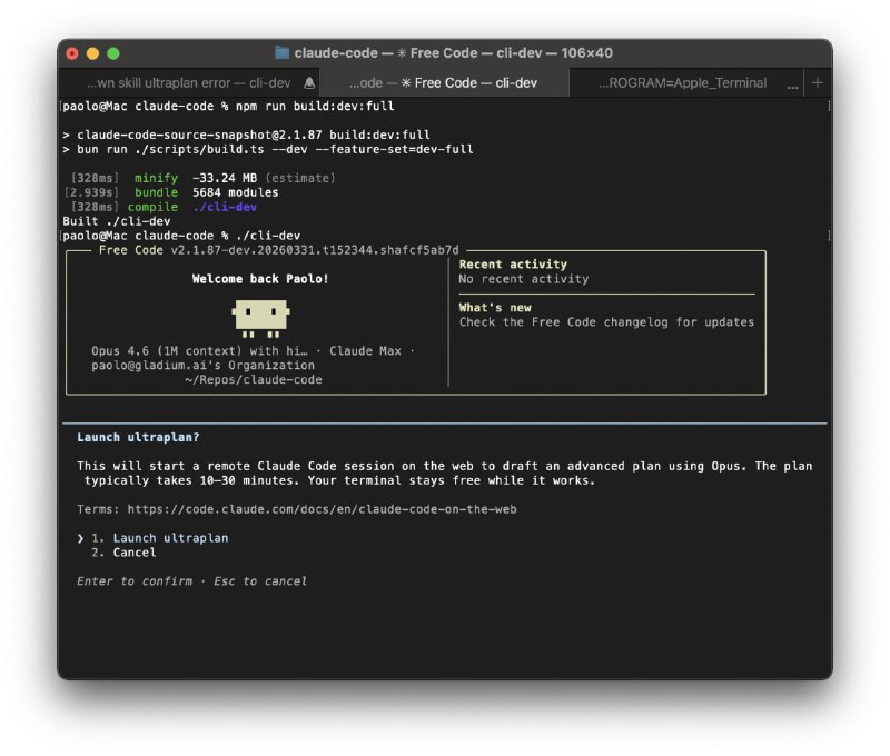 Claude Code开源编译版来了！free-code 是一款免费的 Claude Code 版本，去除了所有遥测，移除了安全提示限制，开启了全部实验功能，完整解锁开发潜能！它是基于 Anthropic Claude Code CLI 打造的终端AI编码助手，支持多种高级功能
