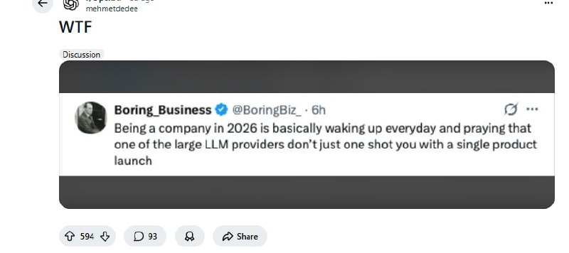 在2026年经营一家AI公司，感觉像在祈祷 | 帖子大型LLM厂商每次产品发布都可能让某些公司瞬间出局，但真正被“一枪毙命”的案例屈指可数