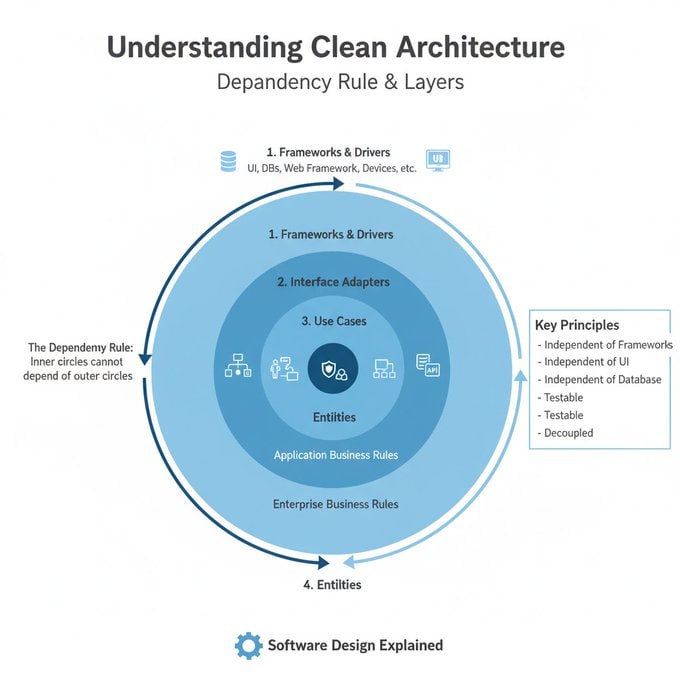 Clean Architecture——打造高质量软件的分层之道🔹 核心理念  Clean Architecture通过分层结构，将软件职责清晰划分，确保核心业务逻辑独立于外部系统