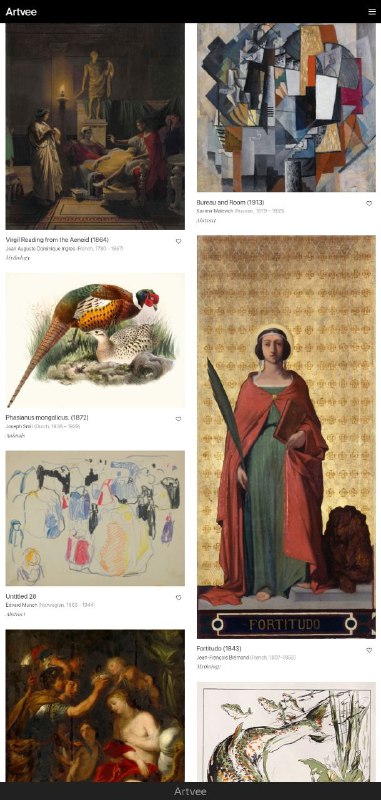 Artvee这个网站可以下载一些高品质艺术品图片，汇集了大都会 #博物馆 、耶鲁大学美术馆、盖蒂博物馆、波士顿公共图书馆、维也纳博物馆等知名机构发布的藏品图片，点击即可直接下载，速度一般，不过查找起来方便快捷