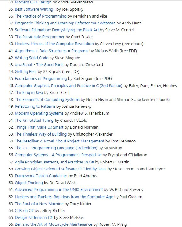 Most influential books for programmers，整理了多本最具影响力的计算机科学 / 编程书籍，书单源自 Stack Overflow 上的一个回答Most influential books for programmers，整理了多本最具影响力的计算机科学 / 编程书籍，书单源自 Stack Overflow 上的一个回答