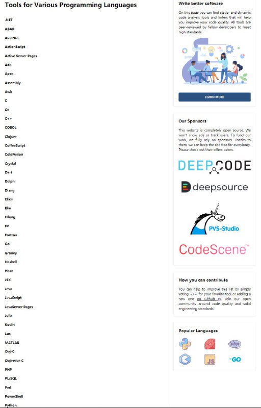 该网站（GitHub）提供了多种编程语言的静态与动态代码分析 #工具 与 Linter，其主要目的，在于帮助你更好的完善 Code Review 流程，进一步提升代码质量