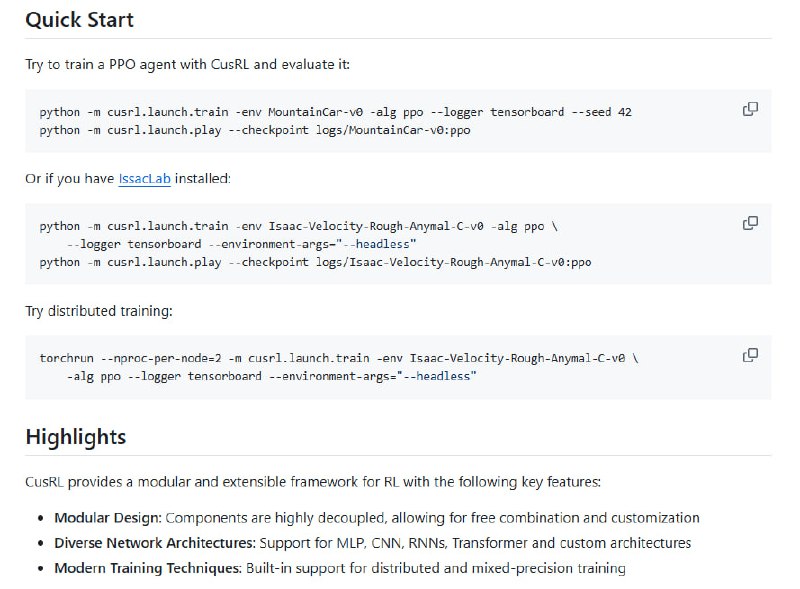 、专为强化学习定制的模块化框架，聚焦灵活扩展与清晰架构，助力机器人学习与科研创新
