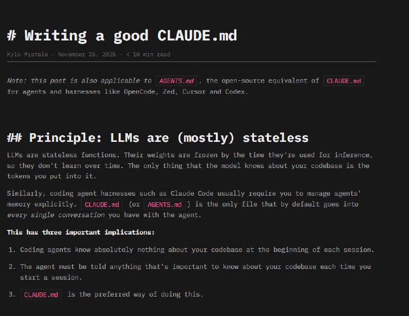Claude Code 的 “CLAUDE.md” 配置指南 | blog | #指南因为大语言模型（LLM）本身是无状态的 —— 它并不会记住先前会话或项目的信息，每次新会话它对你的代码库毫无“背景知识”