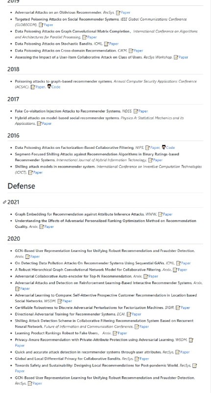 推荐系统对抗性学习(攻击/防御)相关资源（更新中）项目地址 | #推荐系统推荐系统对抗性学习(攻击/防御)相关资源（更新中）项目地址 | #推荐系统