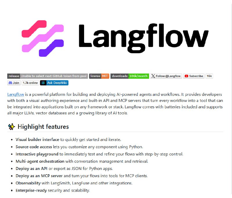 构建和部署AI智能代理和工作流，Langflow提供了一个强大的可视化开发平台