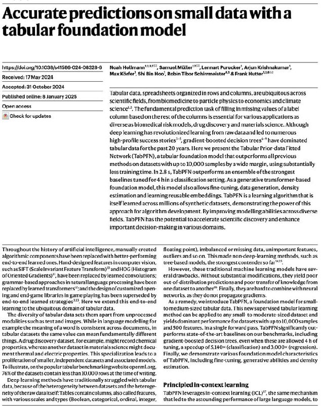 《Accurate predictions on small data with a tabular foundation model》| paper这篇论文堪称突破性成果，解决了机器学习领域长期的尴尬——尽管深度学习在图像、文本和游戏领域横扫千军，传统基于树的方法（如XGBoost、CatBoost、随机森林）却在表格数据上稳坐霸主地位近二十年