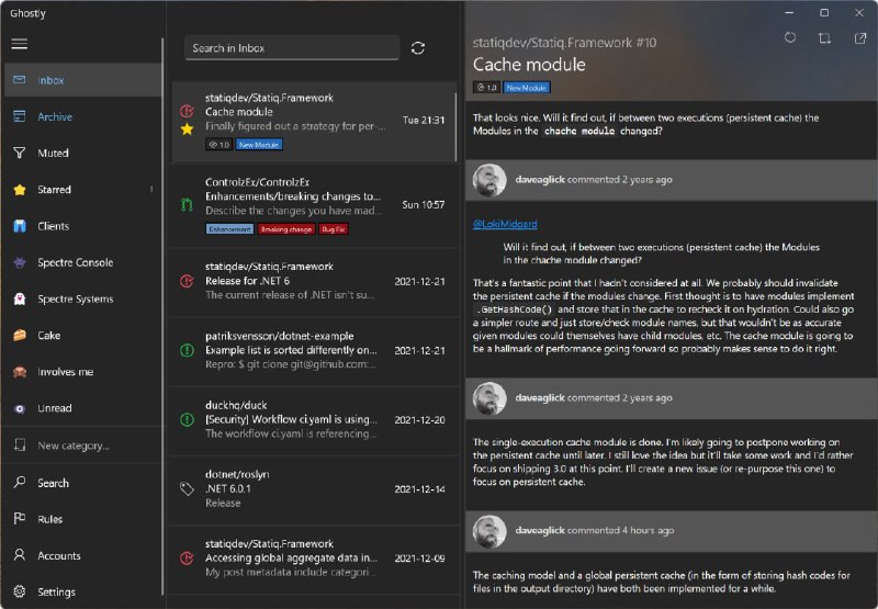 Ghostly，一款开源的GitHub客户端，可用于接收、组织管理 GitHub 通知，包括issue追踪、PR提交、漏洞修复等，支持Windows10/11系统