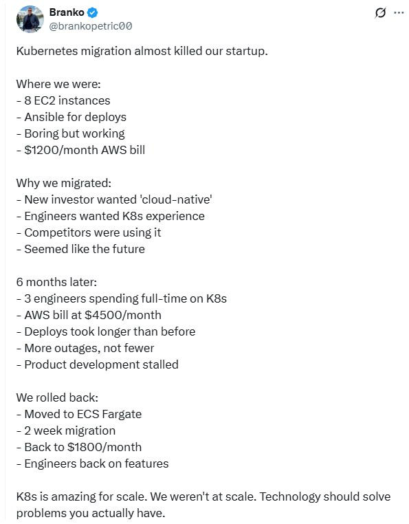 Branko分享了他们创业公司从传统部署迁移到Kubernetes的真实经历，给了所有创业者和工程师一个重要警示