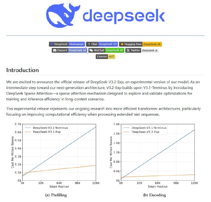 在线大模型推理长文本时，计算资源消耗大且效率低，如何突破这一瓶颈？DeepSeek-V3.2-Exp 是 DeepSeek 团队最新发布的实验版本，基于 V3.1-Terminus，创新引入了 DeepSeek Sparse Attention（DSA）机制，实现了细粒度稀疏注意力